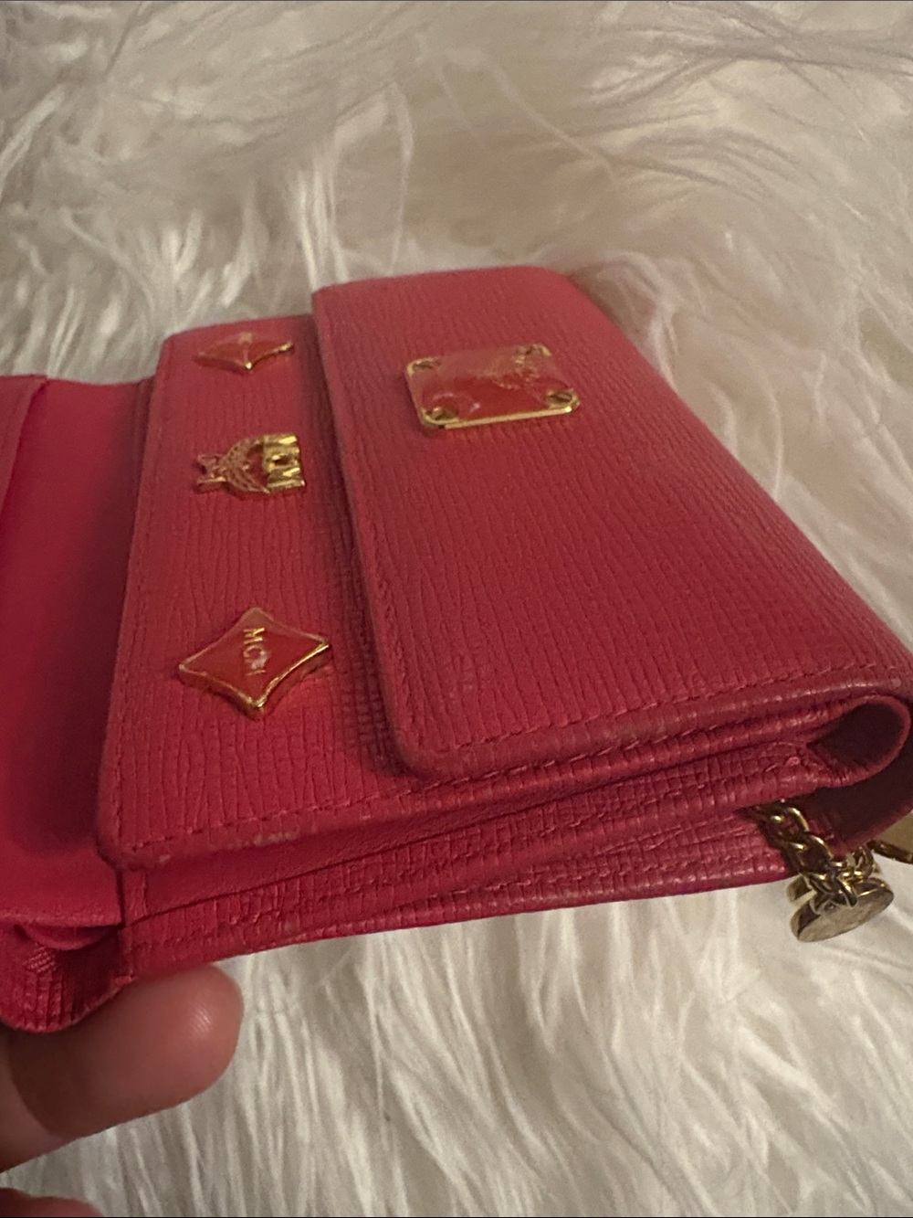 MCM Compact Hot Pink Textured Leather Trifold Wallet with Gold Charms - Picture 5 of 9